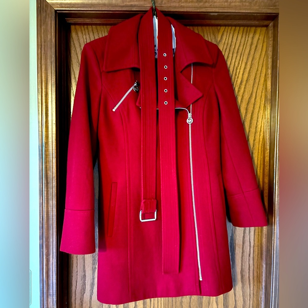 Michael Kors Red Wool Winter Coat Size 8 | Moto Belted Chic